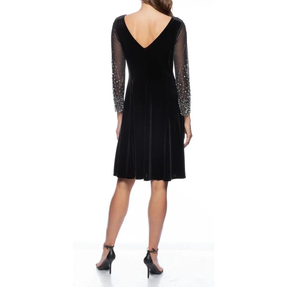 Marina Black Velvet A-Line Dress Sz M Mesh Pearl Beaded Sleeves Elegant Formal - Picture 3 of 10